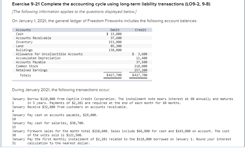 Exercise 9-21 Complete the accounting cycle using long-term liability transactions (LO9-2, 9-8)
[The following information applies to the questions displayed below.]
On January 1, 2021, the general ledger of Freedom Fireworks includes the following account balances:
Accounts
Cash
Accounts Receivable
Inventory
Land
Buildings
Allowance for Uncollectible Accounts
Accumulated Depreciation
Accounts Payable
Common Stock
Retained Earnings
Totals
Debit
$ 13,000
37,600
153,800
85,300
138,000
$427,700
Credit
$ 3,600
11,400
37,500
218,000
157, 200
$427,700
During January 2021, the following transactions occur:
January Borrow $118,000 from Captive Credit Corporation. The installment note bears interest at 6 % annually and matures
in 5 years. Payments of $2,281 are required at the end of each month for 60 months.
1
January Receive $32,800 from customers on accounts receivable.
4
January Pay cash on accounts payable, $29,000.
10
January Pay cash for salaries, $30,700.
15
January Firework sales for the month total $210,600. Sales include $66,800 for cash and $143,800 on account. The cost
30
of the units sold is $121,500.
January Pay the first monthly installment of $2,281 related to the $118,000 borrowed on January 1. Round your interest
31
calculation to the nearest dollar.