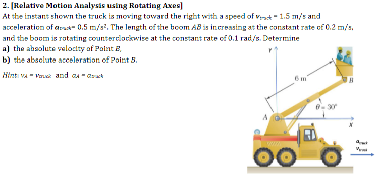2. [Relative Motion Analysis using Rotating Axes]
At the instant shown the truck is moving toward the right with a speed of Veruck = 1.5 m/s and
acceleration of a truck= 0.5 m/s². The length of the boom AB is increasing at the constant rate of 0.2 m/s,
and the boom is rotating counterclockwise at the constant rate of 0.1 rad/s. Determine
a) the absolute velocity of Point B,
b) the absolute acceleration of Point B.
Hint: VA= Vtruck and aд = a truck
6 m
OO
0-30°
B
agruck
Veck