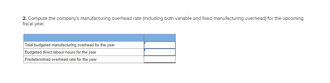 2. Compute the company's manufacturing overhead rate (including both variable and fixed manufacturing overhead) for the upcoming
fiscal year.
Total budgeted manufacturing overhead for the year
Budgeted direct labour-hours for the year
Predetermined overhead rate for the year