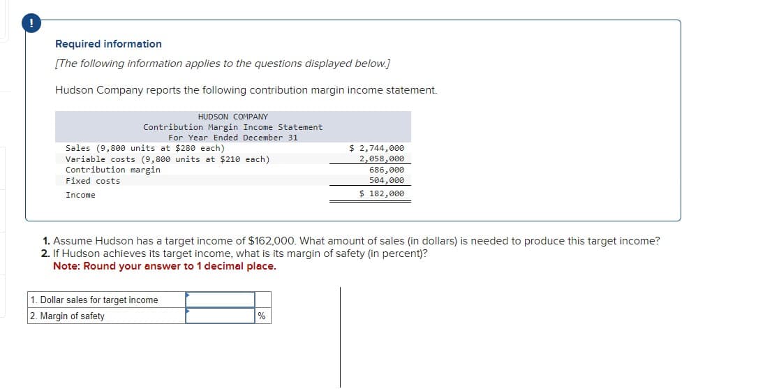 !
Required information
[The following information applies to the questions displayed below.]
Hudson Company reports the following contribution margin income statement.
HUDSON COMPANY
Contribution Margin Income Statement
For Year Ended December 31
Sales (9,800 units at $280 each)
Variable costs (9,800 units at $210 each)
Contribution margin
Fixed costs
Income
1. Dollar sales for target income
2. Margin of safety
$ 2,744,000
2,058,000
1. Assume Hudson has a target income of $162,000. What amount of sales (in dollars) is needed to produce this target income?
2. If Hudson achieves its target income, what is its margin of safety (in percent)?
Note: Round your answer to 1 decimal place.
%
686,000
504,000
$ 182,000