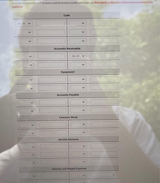 Post the transactions to T-accounts and determine month-end balances. (Post entries in the order of information presented in the
question)
Oct. 30 V
Cash
Accounts Receivable
Oct. 30
Equipment
Accounts Payable
Common Stock
Service Revenue
Salaries and Wages Expense
10