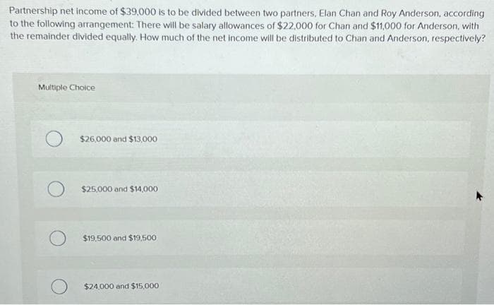 Partnership net income of $39,000 is to be divided between two partners, Elan Chan and Roy Anderson, according
to the following arrangement: There will be salary allowances of $22,000 for Chan and $11,000 for Anderson, with
the remainder divided equally. How much of the net income will be distributed to Chan and Anderson, respectively?
Multiple Choice
$26,000 and $13,000
$25,000 and $14,000
$19,500 and $19,500
$24,000 and $15,000