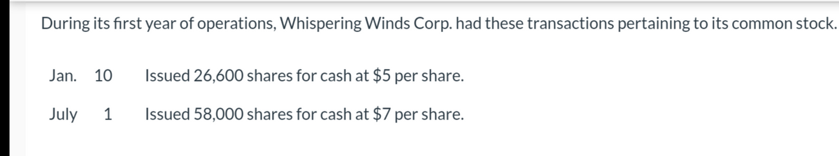 During its first year of operations, Whispering Winds Corp. had these transactions pertaining to its common stock.
Jan. 10
July
1
Issued 26,600 shares for cash at $5 per share.
Issued 58,000 shares for cash at $7 per share.