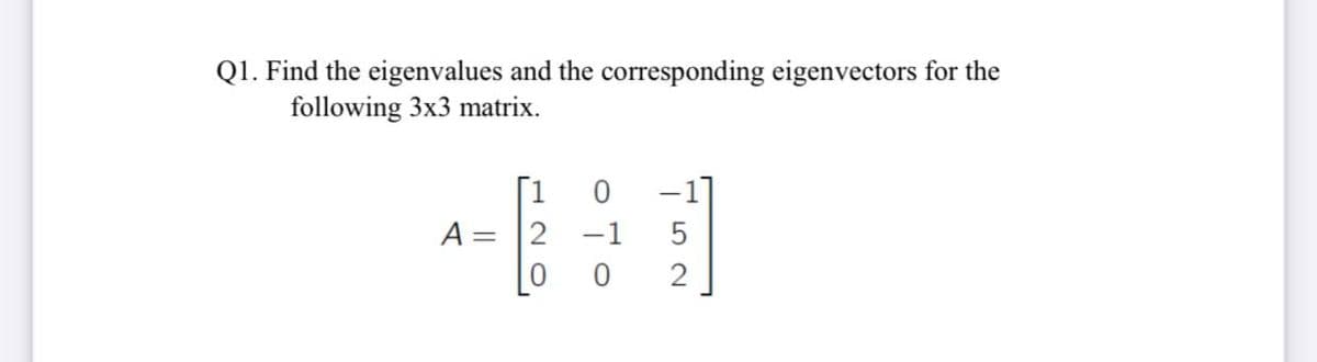 Q1. Find the eigenvalues and the corresponding eigenvectors for the
following 3x3 matrix.
[1
-1]
A =
2
-1
2
