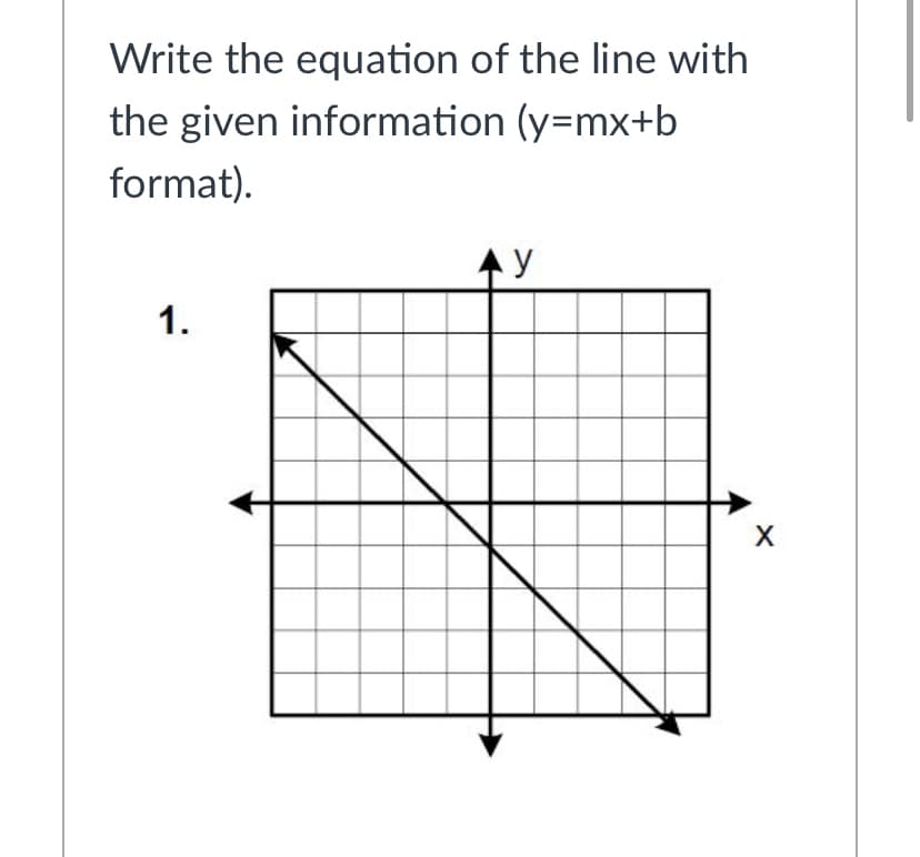 Write the equation of the line with
the given information (y=mx+b
format).
AY
1.
