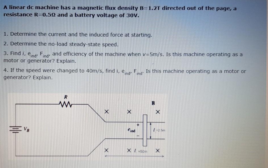 A linear dc machine has a magnetic flux density B=1.2T directed out of the page, a
resistance R=0.5Q and a battery voltage of 30V.
1. Determine the current and the induced force at starting.
2. Determine the no-load steady-state speed.
3. Find i, end, Fnd and efficiency of the machine when v=5m/s. Is this machine operating as a
motor or generator? Explain.
4. If the speed were changed to 40m/s, find i, e Fn. Is this machine operating as a motor or
generator? Explain.
eind
Sen
XI 50m

