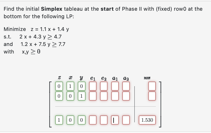 Find the initial Simplex tableau at the start of Phase II with (fixed) row0 at the
bottom for the following LP:
Minimize z = 1.1 x + 1.4 y
s.t. 2x + 4.3 y 4.7
and
with
1.2 x + 7.5 y 7.7
x,y > 0
0
0
1
1
0
0
y
COM
0
1
0
e1 e2 01 02
REG
1.530