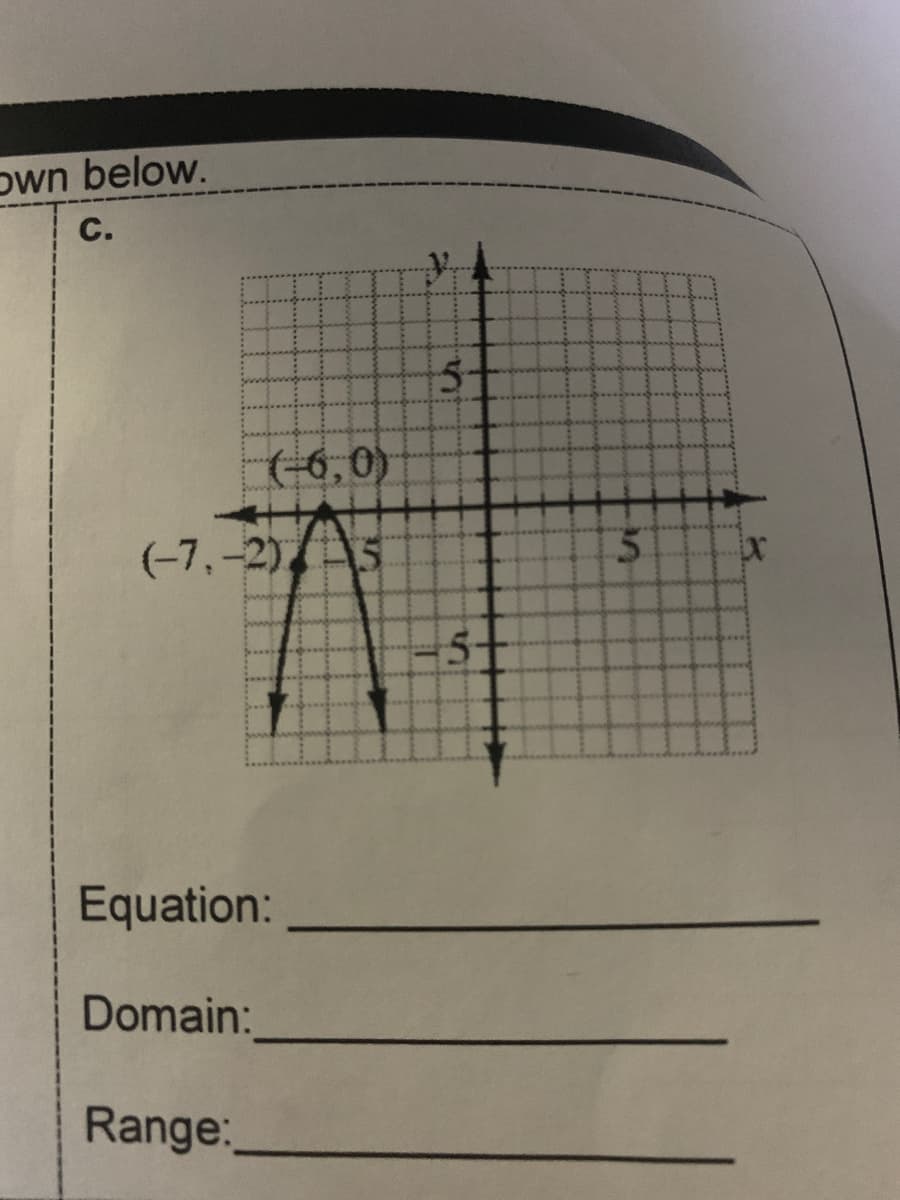 own below.
С.
5-
-6,0)
(-7,-2) /\5
5-
Equation:
Domain:
Range:
