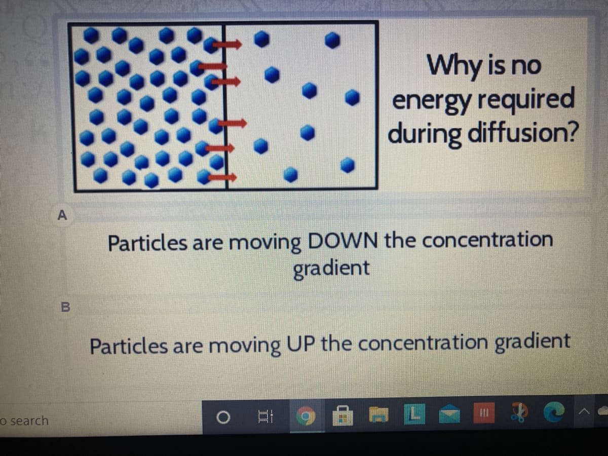Why is no
energy required
during diffusion?
Particles are moving DOWN the concentration
gradient
Particles are moving UP the concentration gradient
o search
