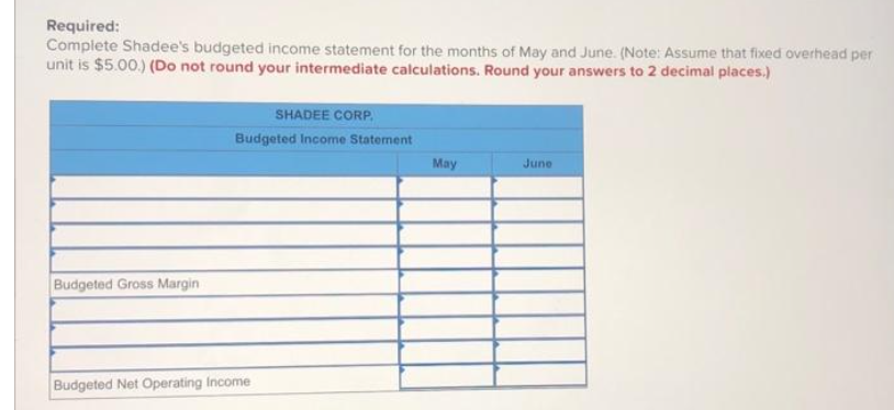 Required:
Complete Shadee's budgeted income statement for the months of May and June. (Note: Assume that fixed overhead per
unit is $5.00.) (Do not round your intermediate calculations. Round your answers to 2 decimal places.)
SHADEE CORP.
Budgeted Income Statement
May
June
Budgeted Gross Margin
Budgeted Net Operating Income
