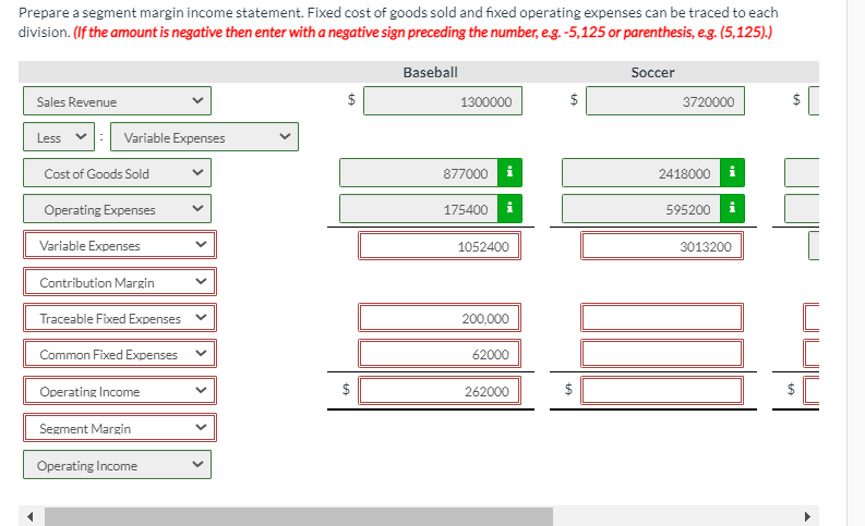 Prepare a segment margin income statement. Fixed cost of goods sold and fixed operating expenses can be traced to each
division. (If the amount is negative then enter with a negative sign preceding the number, e.g. -5,125 or parenthesis, eg. (5,125).)
Baseball
Soccer
Sales Revenue
1300000
3720000
Less v: Variable Expenses
Cost of Goods Sold
877000 i
2418000 i
Operating Expenses
175400
i
595200 i
Variable Expenses
1052400
3013200
Contribution Margin
Traceable Fixed Expenses
200,000
Common Fixed Expenses
62000
Operating Income
262000
Segment Margin
Operating Income
>
