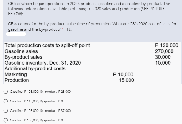 GB Inc. which began operations in 2020, produces gasoline and a gasoline by-product. The
following information is available pertaining to 2020 sales and production (SEE PICTURE
BELOW):
GB accounts for the by-product at the time of production. What are GB's 2020 cost of sales for
gasoline and the by-product? *
P 120,000
270,000
30,000
15,000
Total production costs to split-off point
Gasoline sales
By-product sales
Gasoline inventory, Dec. 31, 2020
Additional by-product costs:
Marketing
Production
P 10,000
15,000
Gasoline: P 105,000; By-product: P 25,000
Gasoline: P 115,000; By-product: P 0
Gasoline: P 108,000; By-product: P 37,000
Gasoline: P 100,000; By-product: PO
