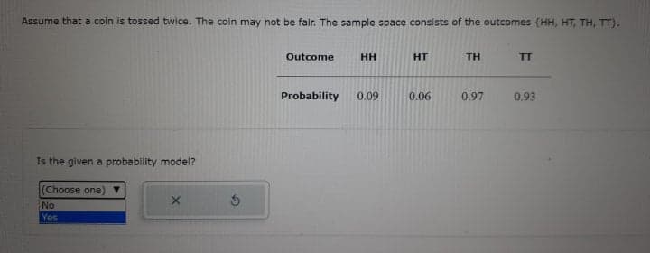 Assume that a coin is tossed twice. The coin may not be fair. The sample space consists of the outcomes (HH, HT, TH, TT).
Outcome
HH
HT
TH
TT
Probability
0.09
0.06
0.97
0.93
Is the given a probability model?
(Choose one)
No
Yes

