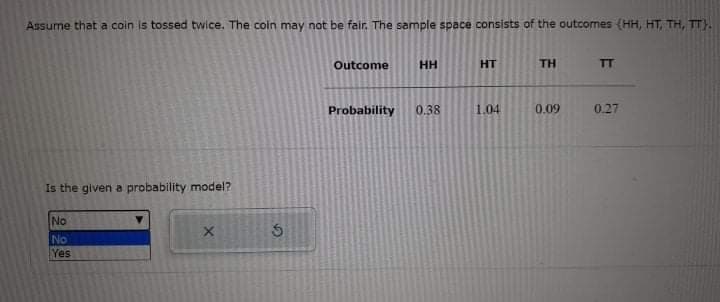 Assume that a coin is tossed twice. The coin may not be fair. The sample space consists of the outcomes (HH, HT, TH, TT}.
Outcome
HH
HT
TH
TT
Probability
0.38
1.04
0.09
0.27
Is the given a probability model?
No
No
Yes

