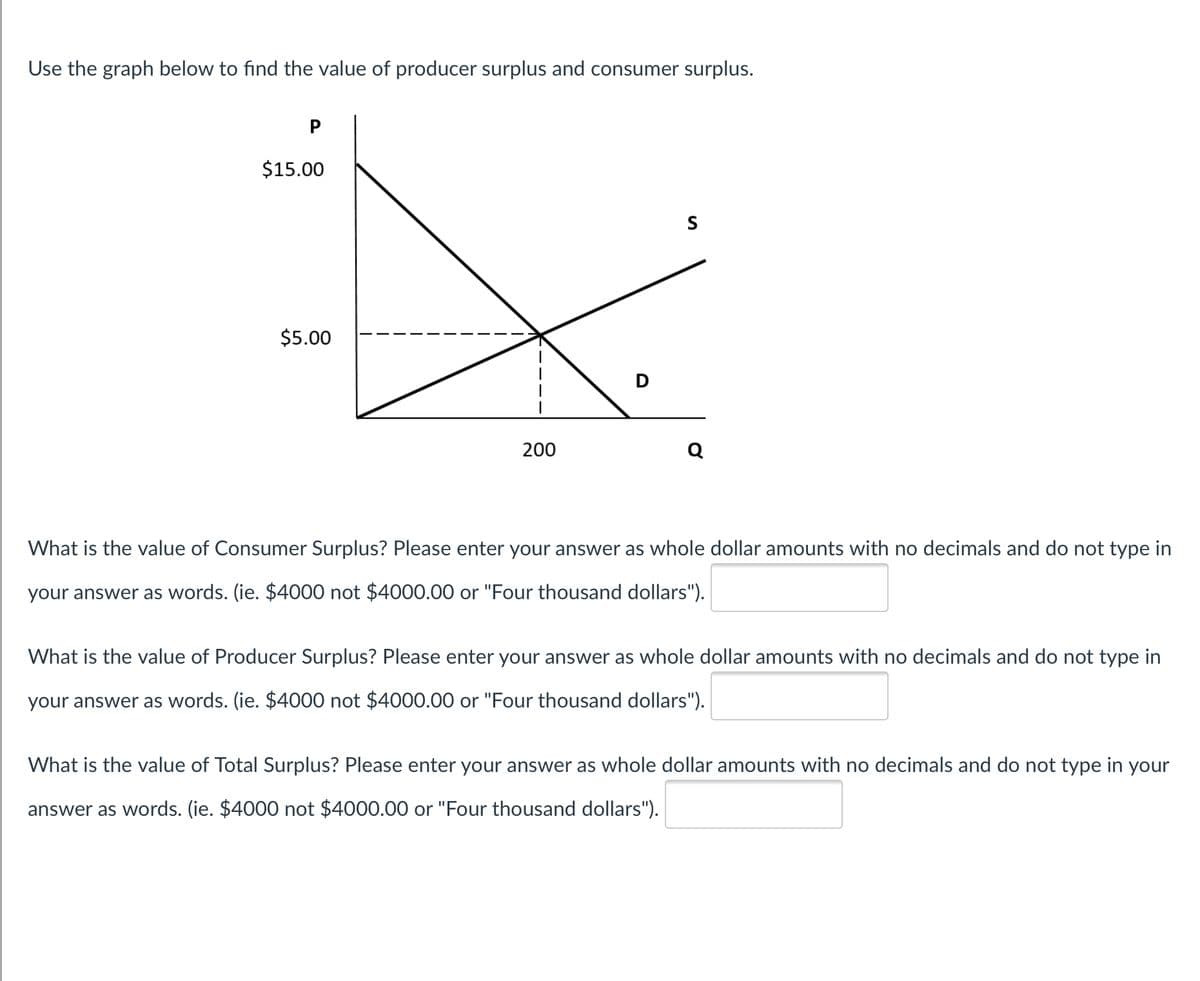 Use the graph below to find the value of producer surplus and consumer surplus.
$15.00
S
$5.00
D
200
Q
What is the value of Consumer Surplus? Please enter your answer as whole dollar amounts with no decimals and do not type in
your answer as words. (ie. $4000 not $4000.00 or "Four thousand dollars").
What is the value of Producer Surplus? Please enter your answer as whole dollar amounts with no decimals and do not type in
your answer as words. (ie. $4000 not $4000.00 or "Four thousand dollars").
What is the value of Total Surplus? Please enter your answer as whole dollar amounts with no decimals and do not type in your
answer as words. (ie. $4000 not $4000.00 or "Four thousand dollars").
