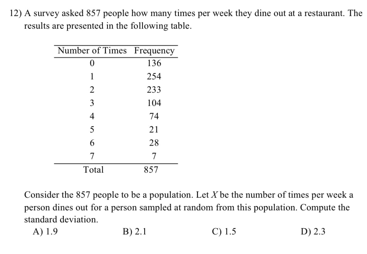12) A survey asked 857 people how many times per week they dine out at a restaurant. The
results are presented in the following table.
Number of Times Frequency
136
1
254
2
233
3
104
4
74
5
21
6
28
7
7
Total
857
Consider the 857 people to be a population. Let X be the number of times per week a
person dines out for a person sampled at random from this population. Compute the
standard deviation.
A) 1.9
B) 2.1
C) 1.5
D) 2.3
