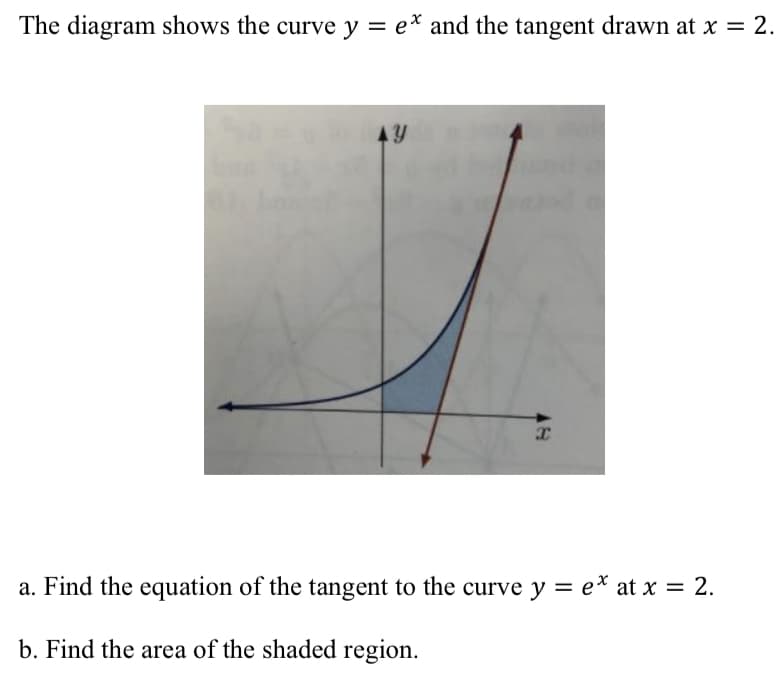 The diagram shows the curve y = ex and the tangent drawn at x = 2.
AY
X
a. Find the equation of the tangent to the curve y = e* at x = 2.
b. Find the area of the shaded region.