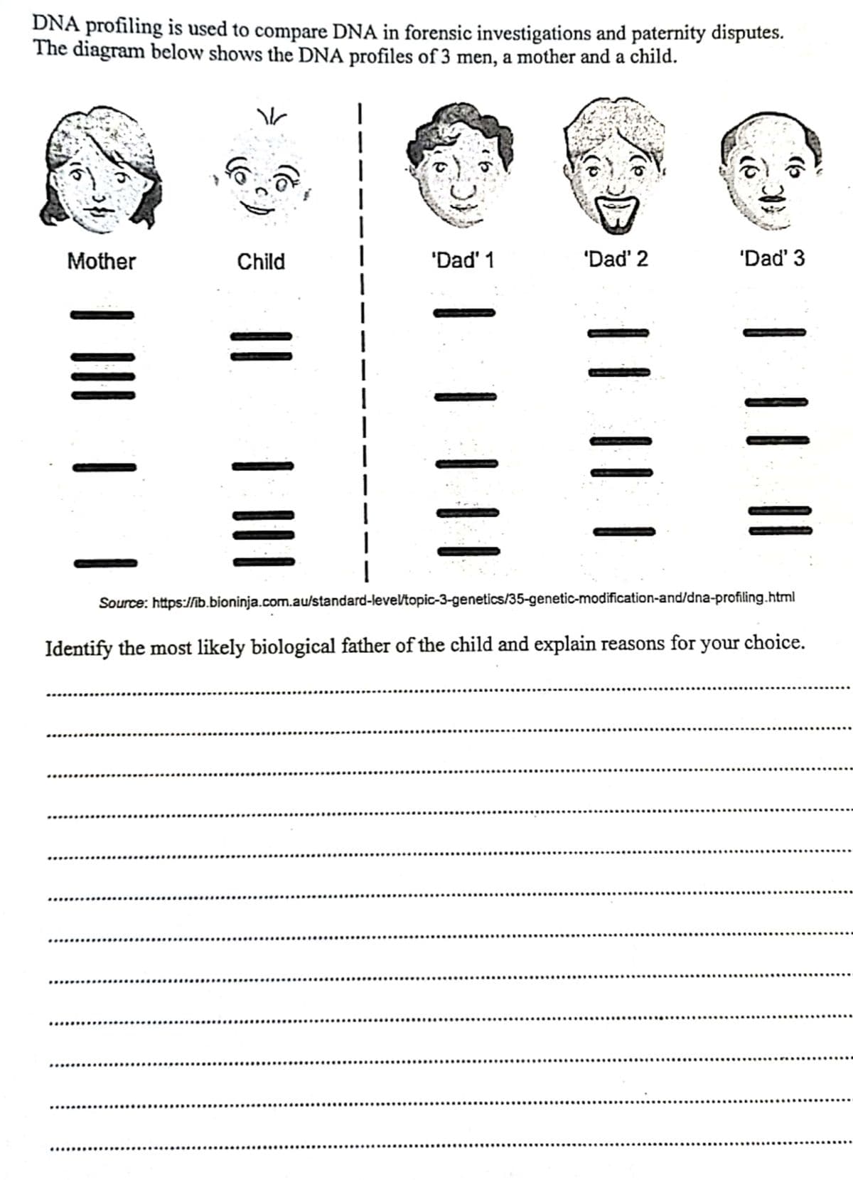 DNA profiling is used to compare DNA in forensic investigations and paternity disputes.
The diagram below shows the DNA profiles of 3 men, a mother and a child.
Mother
Co
Child
|| | |||
|
|
'Dad' 1
| | ||
'Dad' 2
છે)
(9)
(00
'Dad' 3
|| ||
Source:
https://ib.bioninja.com.au/standard-level/topic-3-genetics/35-genetic-modification-and/dna-profiling.html
Identify the most likely biological father of the child and explain reasons for your choice.