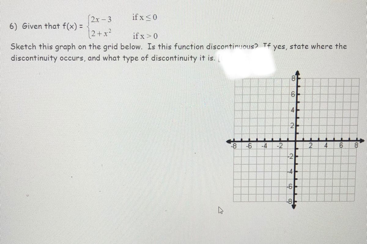 2x-3
if x<0
6) Given that f(x) =
2+x2
ifx>0
Sketch this graph on the grid below. Is this function discontinuous? Tf yes, state where the
discontinuity occurs,
and what type of discontinuity it is.
81
4
2
-8
-4
-2
2
6.
8.
-2-
-4
19-
-8
