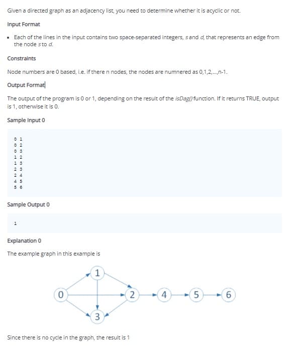 Given a directed graph as an adjacency list, you need to determine whether it is acyclic or not.
Input Format
• Each of the lines in the input contains two space-separated integers, sand d, that represents an edge from
the node sto d.
Constraints
Node numbers are 0 based, i.e. if there n nodes, the nodes are numnered as 0,1,2.,n-1.
Output Format
The output of the program is 0 or 1, depending on the result of the isDag() function. If it returns TRUE, output
is 1, otherwise it is 0.
Sample Input 0
1 2
13
2 3
2 4
4 5
5 6
Sample Output 0
1
Explanation 0
The example graph in this example is
(1
3
Since there is no cycle in the graph, the result is 1
4.
2.
