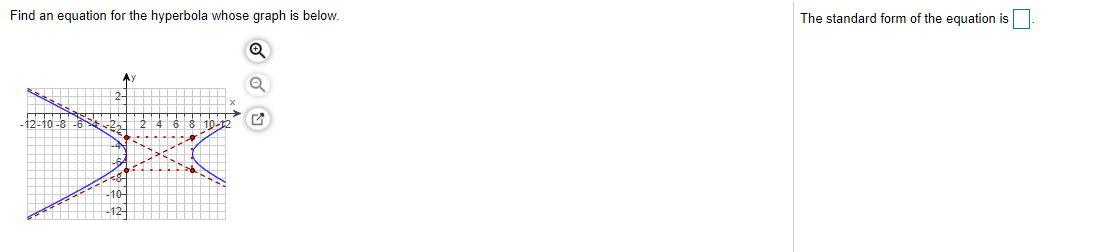 Find an equation for the hyperbola whose graph is below.
The standard form of the equation is
