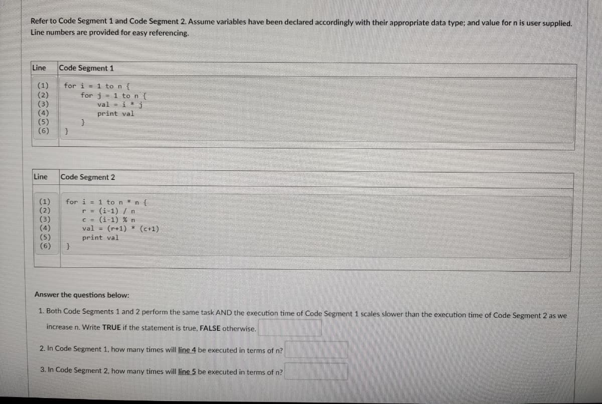 Refer to Code Segment 1 and Code Segment 2. Assume variables have been declared accordingly with their appropriate data type; and value for n is user supplied.
Line numbers are provided for easy referencing.
Line
Code Segment 1
(1)
(2)
(3)
(4)
(5)
(6)
for i = 1 to n {
for j = 1 to n {
val = i*j
print val
Line
Code Segment 2
(1)
(2)
(3)
(4)
(5)
(6)
for i = 1 to n *n {
r = (i-1) /n
c = (i-1) % n
val = (r+1) * (c+1)
print val
Answer the questions below:
1. Both Code Segments 1 and 2 perform the same task AND the execution time of Code Segment 1 scales slower than the execution time of Code Segment 2 as we
increase n. Write TRUE if the statement is true, FALSE otherwise.
2. In Code Segment 1, how many times will line 4 be executed in terms of n?
3. In Code Segment 2, how many times will line 5 be executed in terms of n?
