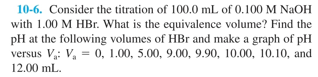 10-6. Consider the titration of 100.0 mL of 0.100 M NaOH
with 1.00 M HBr. What is the equivalence volume? Find the
pH at the following volumes of HBr and make a graph of pH
versus Va: Va = 0, 1.00, 5.00, 9.00, 9.90, 10.00, 10.10, and
12.00 mL.
