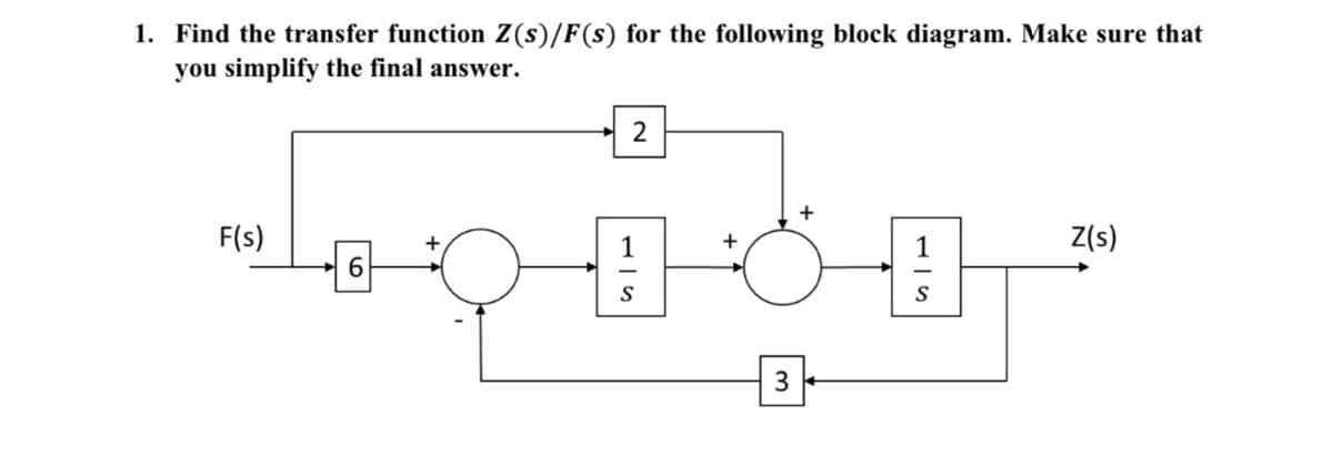 1. Find the transfer function Z(s)/F(s) for the following block diagram. Make sure that
you simplify the final answer.
2
F(s)
+
Z(s)
S
3
