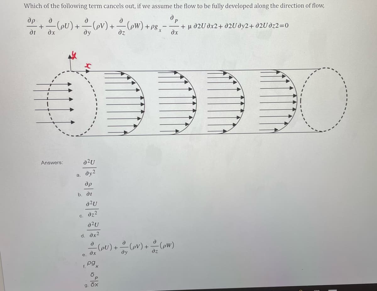 Which of the following term cancels out, if we assume the flow to be fully developed along the direction of flow,
de
dt
dx
-(ov)+
-(QU)+
ду
-(ow)+P8x
dz
+ u 02U dx2+ 02U dy2+ 02Udz2=0
Answers:
a2U
ду?
a.
др
b. dt
a2U
с. д22
d. дx2
으(pU) +으 (ov)+은(pw)
дх
ду
dz
e.
pg
f.
g. 6x
