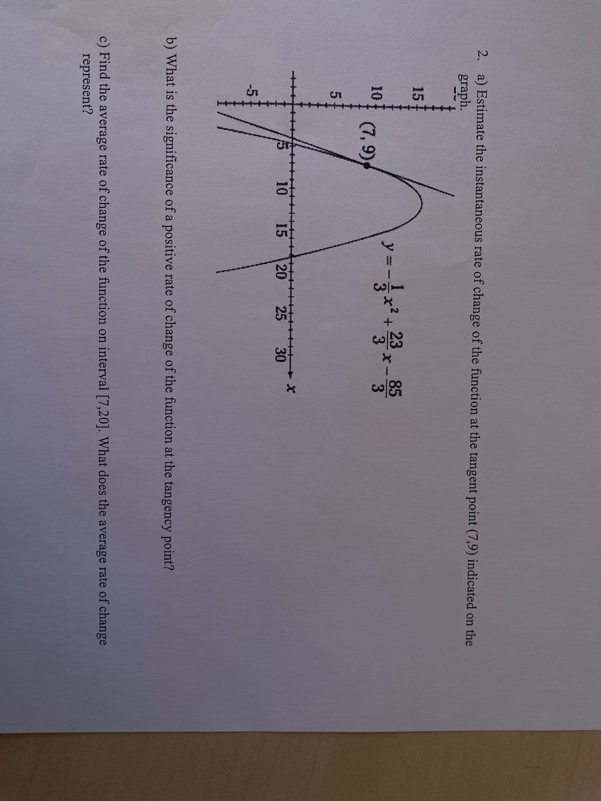 2. a) Estimate the instantaneous rate of change of the function at the tangent point (7,9) indicated on the
graph.
15
10
(7,9)
H
5
-5
23
3
10 15 20 25 30
85
wo
b) What is the significance of a positive rate of change of the function at the tangency point?
c) Find the average rate of change of the function on interval [7,20]. What does the average rate of change
represent?