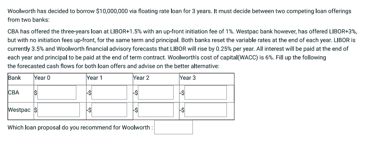 Woolworth has decided to borrow $10,000,000 via floating rate loan for 3 years. It must decide between two competing loan offerings
from two banks:
CBA has offered the three-years loan at LIBOR+1.5% with an up-front initiation fee of 1%. Westpac bank however, has offered LIBOR+3%,
but with no initiation fees up-front, for the same term and principal. Both banks reset the variable rates at the end of each year. LIBOR is
currently 3.5% and Woolworth financial advisory forecasts that LIBOR will rise by 0.25% per year. All interest will be paid at the end of
each year and principal to be paid at the end of term contract. Woolworth's cost of capital(WACC) is 6%. Fill up the following
the forecasted cash flows for both loan offers and advise on the better alternative:
Bank
Year 0
Year 1
Year 2
Year 3
СВА
Westpac $
Which loan proposal do you recommend for Woolworth :
