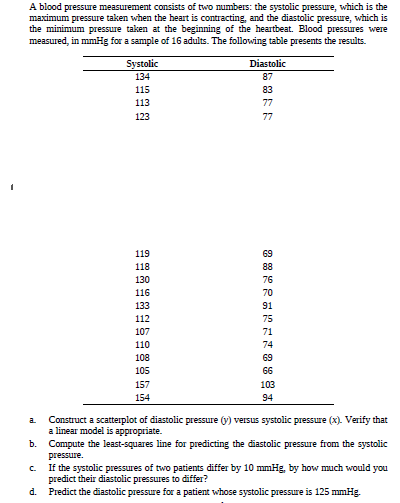 A blood pressure measurement consists of two numbers: the systolic pressure, which is the
maximum pressure taken when the heart is contracting, and the diastolic pressure, which is
the minimum pressure taken at the beginning of the heartbeat. Blood pressures were
measured, in mmHg for a sample of 16 adults. The following table presents the results.
Systolic
134
Diastolic
87
115
83
113
77
123
77
119
69
118
88
130
76
116
70
133
91
112
75
107
71
110
74
108
69
105
66
157
103
154
94
Construct a scatterplot of diastolic pressure (y) versus systolic pressure (x) Verify that
a linear model is appropriate.
a.
b. Compute the least-squares line for predicting the diastolic pressure from the systolic
pressure.
If the systolic pressures of two patients differ by 10 mmHg, by how much would you
predict their diastolic pressures to differ?
Predict the diastolic pressure for a patient whose systolic pressure is 125 mmHg.
C.
d.
