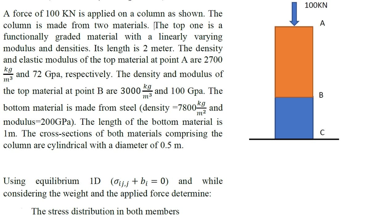 100KN
A force of 100 KN is applied on a column as shown. The
column is made from two materials. [The top one is a
functionally graded material with a linearly varying
modulus and densities. Its length is 2 meter. The density
and elastic modulus of the top material at point A are 2700
А
kg
m3
and 72 Gpa, respectively. The density and modulus of
kg
the top material at point B are 3000 and 100 Gpa. The
m
3
В
kg
bottom material is made from steel (density =7800
and
m2
modulus=200GPA). The length of the bottom material is
1m. The cross-sections of both materials comprising the
column are cylindrical with a diameter of 0.5 m.
C
ID (oijj + bị = 0) and
considering the weight and the applied force determine:
Using equilibrium
while
The stress distribution in both members

