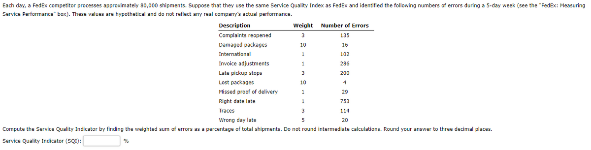 Each day, a FedEx competitor processes approximately 80,000 shipments. Suppose that they use the same Service Quality Index as FedEx and identified the following numbers of errors during a 5-day week (see the "FedEx: Measuring
Service Performance" box). These values are hypothetical and do not reflect any real company's actual performance.
Weight Number of Errors
3
135
16
10
1
102
1
286
3
200
10
4
1
29
1
753
3
114
Wrong day late
5
20
Compute the Service Quality Indicator by finding the weighted sum of errors as a percentage of total shipments. Do not round intermediate calculations. Round your answer to three decimal places.
Service Quality Indicator (SQI):
%
Description
Complaints reopened
Damaged packages
International
Invoice adjustments
Late pickup stops
Lost packages
Missed proof of delivery
Right date late
Traces
