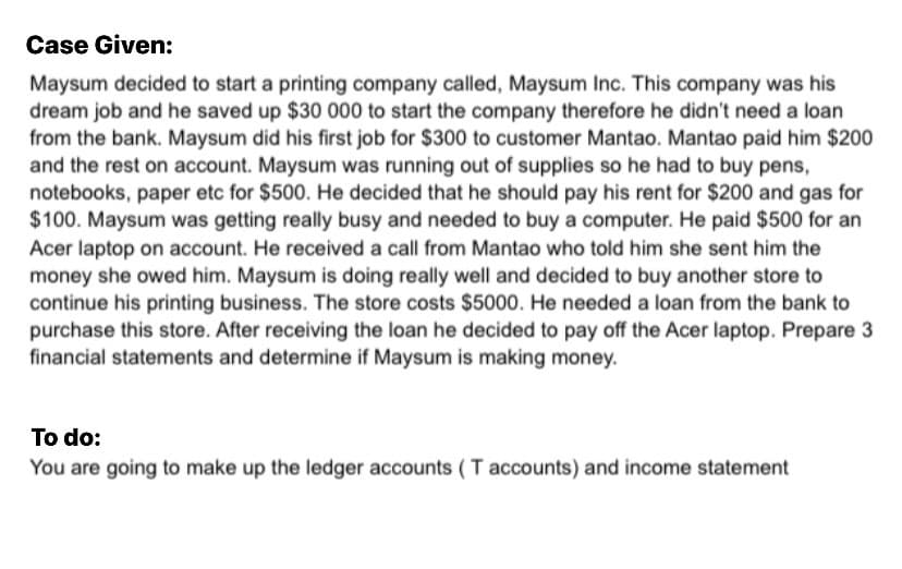 Case Given:
Maysum decided to start a printing company called, Maysum Inc. This company was his
dream job and he saved up $30 000 to start the company therefore he didn't need a loan
from the bank. Maysum did his first job for $300 to customer Mantao. Mantao paid him $200
and the rest on account. Maysum was running out of supplies so he had to buy pens,
notebooks, paper etc for $500. He decided that he should pay his rent for $200 and gas for
$100. Maysum was getting really busy and needed to buy a computer. He paid $500 for an
Acer laptop on account. He received a call from Mantao who told him she sent him the
money she owed him. Maysum is doing really well and decided to buy another store to
continue his printing business. The store costs $5000. He needed a loan from the bank to
purchase this store. After receiving the loan he decided to pay off the Acer laptop. Prepare 3
financial statements and determine if Maysum is making money.
To do:
You are going to make up the ledger accounts (T accounts) and income statement