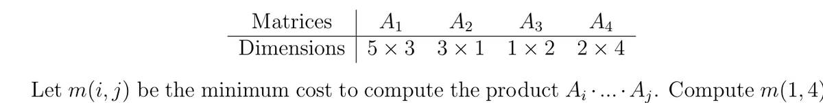 Matrices
A1
A2
A3
A4
Dimensions 5 × 3 3 x 1
1x 2 2х4
Let m(i, j) be the minimum cost to compute the product A; . · A;. Compute m(1, 4)
