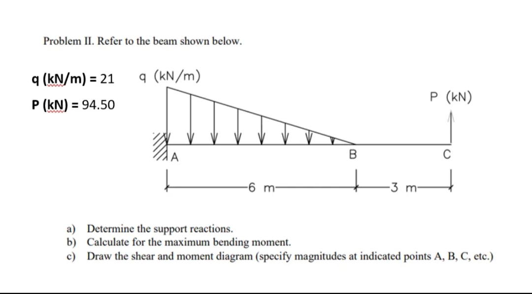 Problem II. Refer to the beam shown below.
q (kN/m) = 21
q (kN/m)
P (kN) =
= 94.50
-6 m-
3 m-
a)
Determine the support reactions.
b)
Calculate for the maximum bending moment.
c)
Draw the shear and moment diagram (specify magnitudes at indicated points A, B, C, etc.)
B
P (KN)
C
