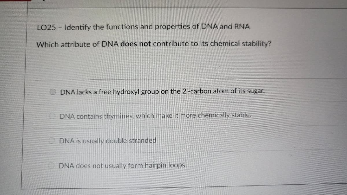 LO25 Identify the functions and properties of DNA and RNA
Which attribute of DNA does not contribute to its chemical stability?
DNA lacks a free hydroxyl group on the 2'-carbon atom of its sugar.
DNA contains thymines, which make it more chemically stable.
DNA is usually double stranded
DNA does not usually form hairpin loops.