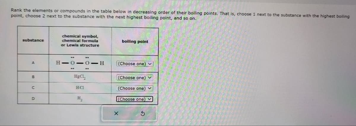 Rank the elements or compounds in the table below in decreasing order of their boiling points. That is, choose 1 next to the substance with the highest boiling
point, choose 2 next to the substance with the next highest boiling point, and so on.
substance
B
C
D
chemical symbol,
chemical formula
or Lewis structure
..
H-0-0-H
HgCl₂
HCI
H₂
boiling point
(Choose one)
(Choose one) ✓
(Choose one) ✓
(Choose one) ✓
X