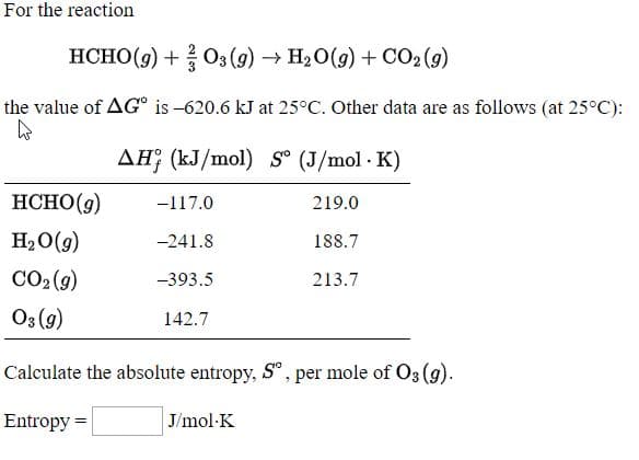 Calculate the absolute entropy, S° , per mole of 03 (g).
