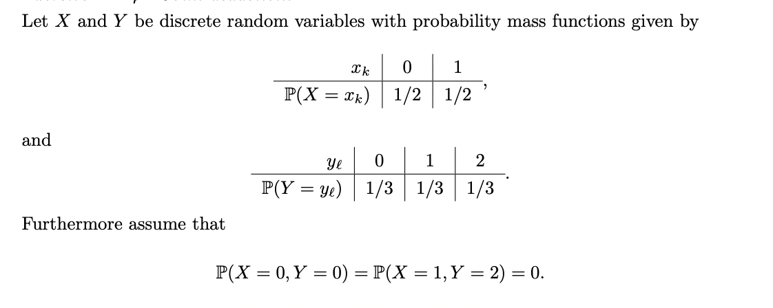 Let X and Y be discrete random variables with probability mass functions given by
and
Furthermore assume that
Xk
0
1
P(X = xk) | 1/2 | 1/2
Ye 0
1
P(Y=ye) 1/3 1/3
9
2
1/3
P(X = 0, Y = 0) = P(X = 1, Y = 2) = 0.
