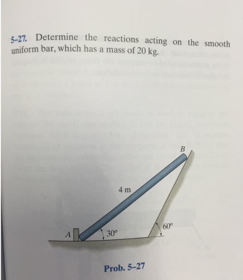 5-27. Determine the reactions acting on the smooth
uniform bar, which has a mass of 20 kg.
A
30°
4 m
Prob. 5-27
60°
B