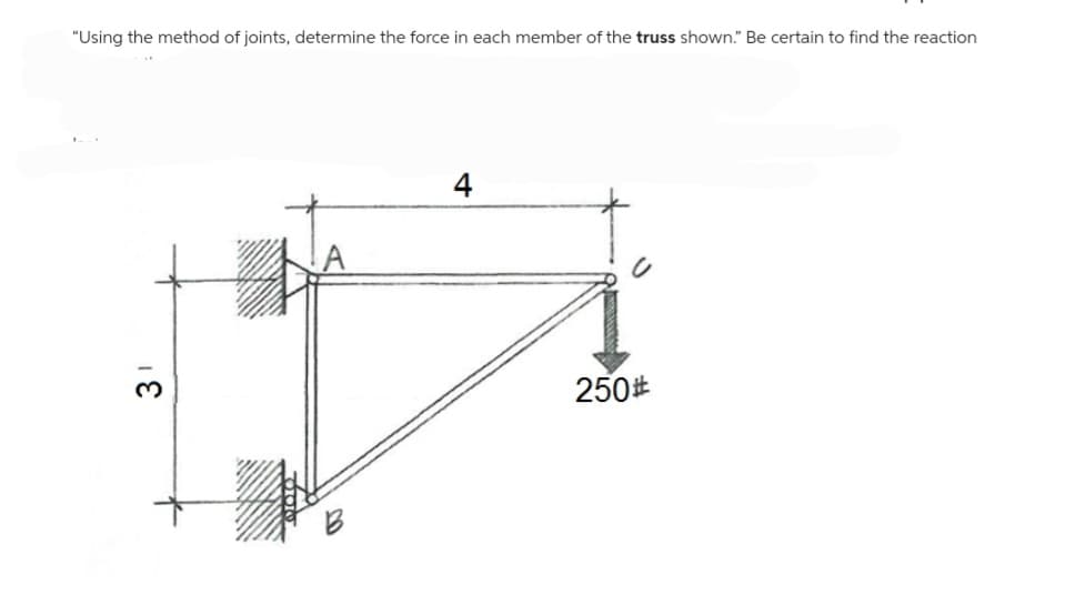"Using the method of joints, determine the force in each member of the truss shown." Be certain to find the reaction
3
4
250#