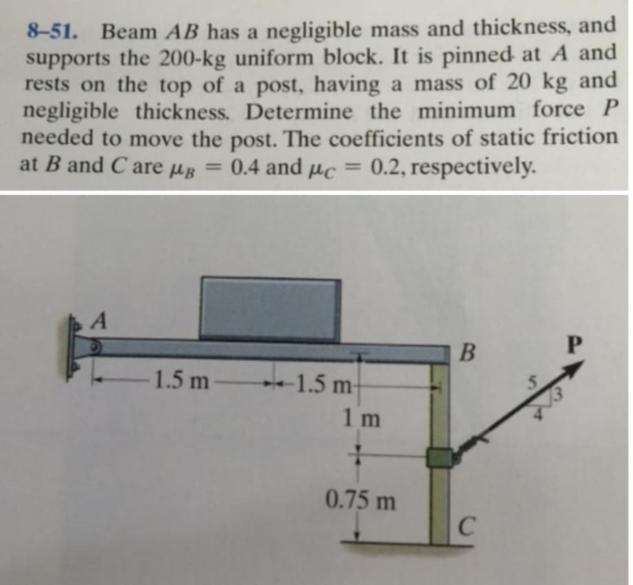 8-51. Beam AB has a negligible mass and thickness, and
supports the 200-kg uniform block. It is pinned at A and
rests on the top of a post, having a mass of 20 kg and
negligible thickness. Determine the minimum force P
needed to move the post. The coefficients of static friction
at B and C are μB = 0.4 and pc 0.2, respectively.
A
1.5 m-
-1.5 m-
1m
0.75 m
B
C
S
P