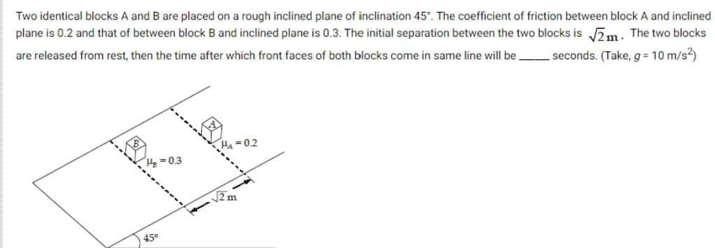 Two identical blocks A and B are placed on a rough inclined plane of inclination 45°. The coefficient of friction between block A and inclined
plane is 0.2 and that of between block B and inclined plane is 0.3. The initial separation between the two blocks is √√2m. The two blocks
are released from rest, then the time after which front faces of both blocks come in same line will be seconds. (Take, g = 10 m/s²)
45°
= 0.3
H₁ = 0.2
√√2m