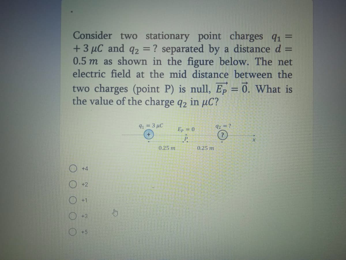 Consider two stationary point charges 91 =
+ 3 µC and q2 = ? separated by a distance d:
0.5 m as shown in the figure below. The net
electric field at the mid distance between the
two charges (point P) is null, E, = 0. What is
the value of the charge q2 in µC?
91 = 3 µC
92 ?
Ep = 0
P
0.25 m
0.25 m
+4
+2
+1
+3
+5
