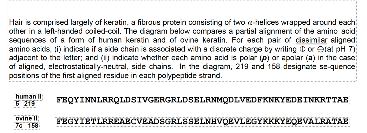 Hair is comprised largely of keratin, a fibrous protein consisting of two a-helices wrapped around each
other in a left-handed coiled-coil. The diagram below compares a partial alignment of the amino acid
sequences of a form of human keratin and of ovine keratin. For each pair of dissimilar aligned
amino acids, (i) indicate if a side chain is associated with a discrete charge by writing or (at pH 7)
adjacent to the letter; and (ii) indicate whether each amino acid is polar (p) or apolar (a) in the case
of aligned, electrostatically-neutral, side chains. In the diagram, 219 and 158 designate se-quence
positions of the first aligned residue in each polypeptide strand.
human II
5 219
ovine II
7c 158
FEQYINNLRRQLDSIVGERGRLDSELRNMQDLVEDFKNKYEDEINKRTTAE
FEGYIETLRREAECVEADSGRLSSELNHVQEVLEGYKKKYEQEVALRATAE