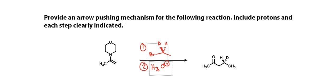 Provide an arrow pushing mechanism for the following reaction. Include protons and
each step clearly indicated.
Br
H. D
H3C
Hz
H3C
CH3
