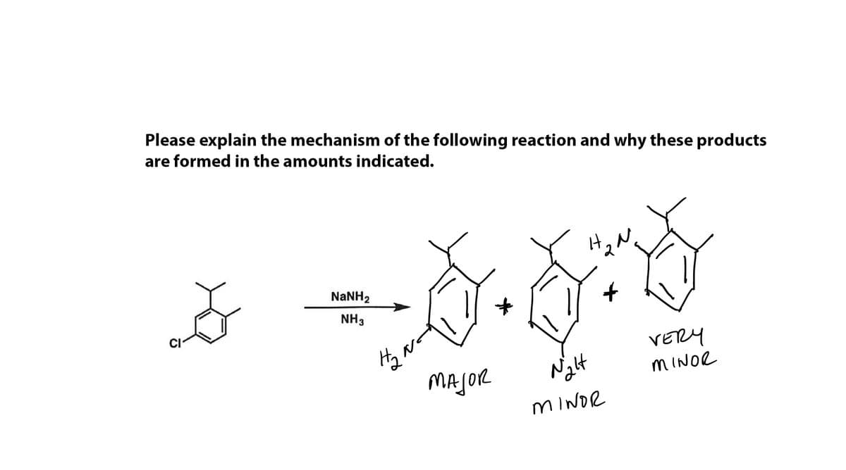 Please explain the mechanism of the following reaction and why these products
are formed in the amounts indicated.
N.
NANH2
NH3
CI
VERY
MAJOR
Night
MINOR
MINDR

