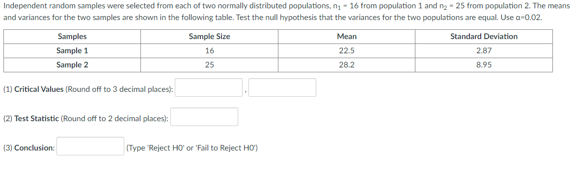 Independent random samples were selected from each of two normally distributed populations, n1 = 16 from population 1 and n2 = 25 from population 2. The means
and variances for the two samples are shown in the following table. Test the null hypothesis that the variances for the two populations are equal. Use a=0.02.
Samples
Sample Size
Mean
Standard Deviation
Sample 1
16
22.5
2.87
Sample 2
25
28.2
8.95
(1) Critical Values (Round off to 3 decimal places):
(2) Test Statistic (Round off to 2 decimal places):
(3) Conclusion:
(Type 'Reject HO' or 'Fail to Reject HO')
